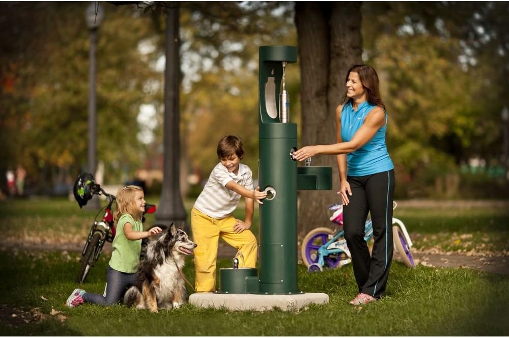 Elkay Tri-Level Outdoor Pedestal Tubular W/Pet Fountain, Upper Water Refilling Station Elkay Tri-Level Outdoor Pedestal Tubular W/Pet Fountain, Upper Water Refilling Station