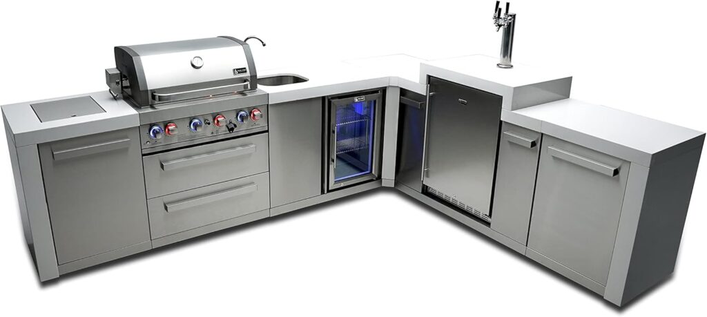 Mont Alpi MAi400-D90KEGBEV 90 Degree 32-Inch 4-Burner 78000 BTU Deluxe Stainless Steel Island Outdoor Kitchen Gas Barbecue Grill with Wine Cooler Beverage Refrigerator  3 Beer Tap Kegerator Dispenser Mont Alpi MAi400-D90KEGBEV 90 Degree 32-Inch 4-Burner 78000 BTU Deluxe Stainless Steel Island Outdoor Kitchen Gas Barbecue Grill with Wine Cooler Beverage Refrigerator  3 Beer Tap Kegerator Dispenser